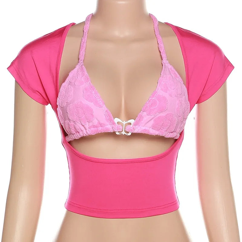 Aiertu  -  O Neck Halter Hollow Out Short Sleeves Bandage Lace Up T-Shirt, Crop Top, Urban Leisure Chic Streetwear, Rose Red Aiertu