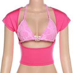 Aiertu  -  O Neck Halter Hollow Out Short Sleeves Bandage Lace Up T-Shirt, Crop Top, Urban Leisure Chic Streetwear, Rose Red Aiertu