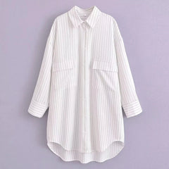 Aiertu  -  White Stripe Shirt Dress Women Autumn Spring Slit Casual Oversize Single Breasted Turn Down Collar Short Summer Dress Aiertu