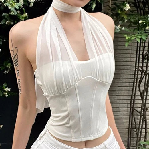 Aiertu  Sexy Gauze Patchwork Halter Bandage Tank Top Y2k Aesthetic Pleated Grunge Crop Camisole Women Streetwear Backless Bodycon Tanks Aiertu