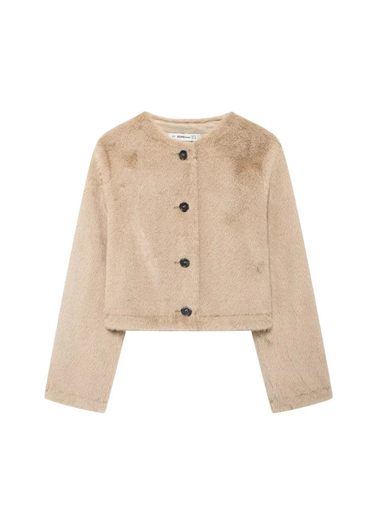 Aiertu  -  Women's Fashion Brown Faux Fur Lapel Jacket Thickened Warm Button Long Sleeve Coat Autumn and Winter Plush High Street Coat Aiertu