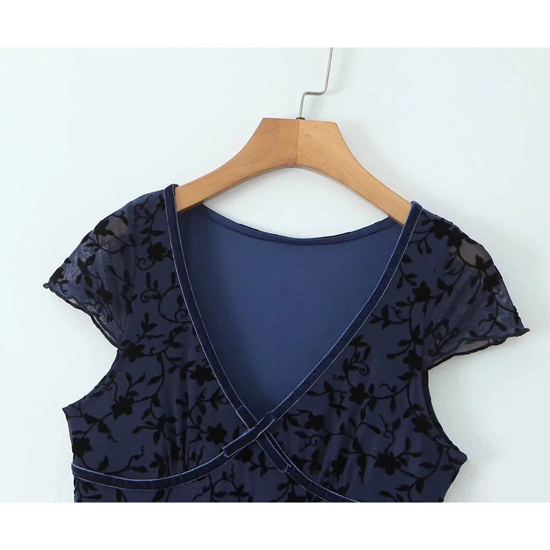 Aiertu  -  Summer Women Navy Blue Short Sleeve V Neck Floral Print Dress High Waist A-line Midi Mesh Vintage Dresses French Style Robe Aiertu
