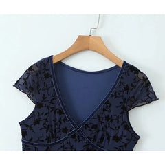 Aiertu  -  Summer Women Navy Blue Short Sleeve V Neck Floral Print Dress High Waist A-line Midi Mesh Vintage Dresses French Style Robe Aiertu