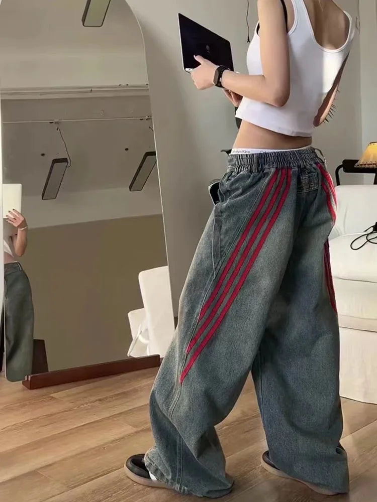 Aiertu  -  Retro Y2k Blue Striped Wide Leg Pants Fashionable Street Loose Straight Jeans Atmosphere Hot Girl Casual Trousers Baggy Jeans Aiertu