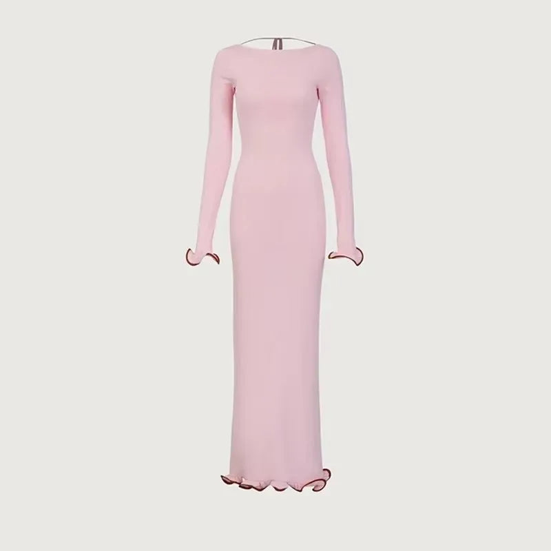 Aiertu  -  Backless Ruffled Knitted Long Dress For Women Contrast Color Flare Sleeve Autumn Sexy Bodycon Evening Party Sweater Dress Aiertu