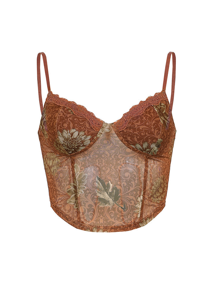 Aiertu - summer inspo Floral Print Vintage Aesthetic Mesh Camisole Women Brown Cute Y2K Crop Top Aiertu