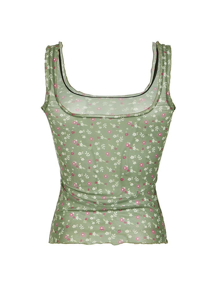 Aiertu - summer inspo Floral Print Frills Mesh Crop Top Women Sweet Summer Tank Vest Camisole Korean Fashion Aiertu