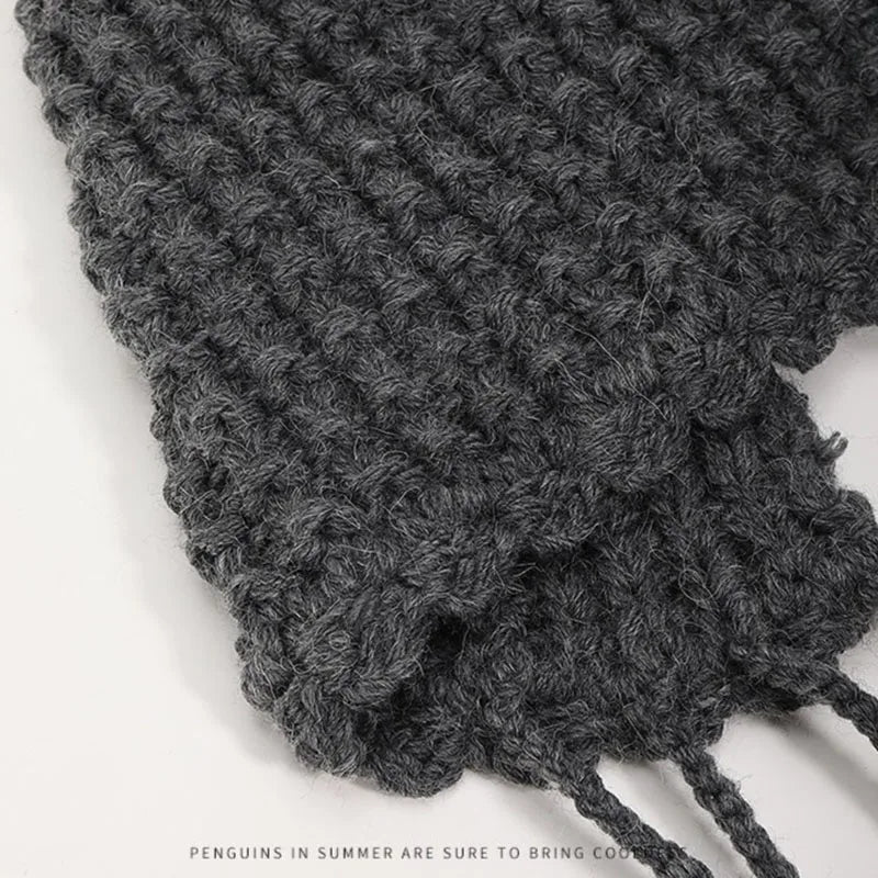 Aiertu  -  Winter Handmade Beanies for Women Fashion Tassel Thickened Warm Knitted Pullover Hat Outdoor Ear Protection Strap Woolen Bonnets Aiertu