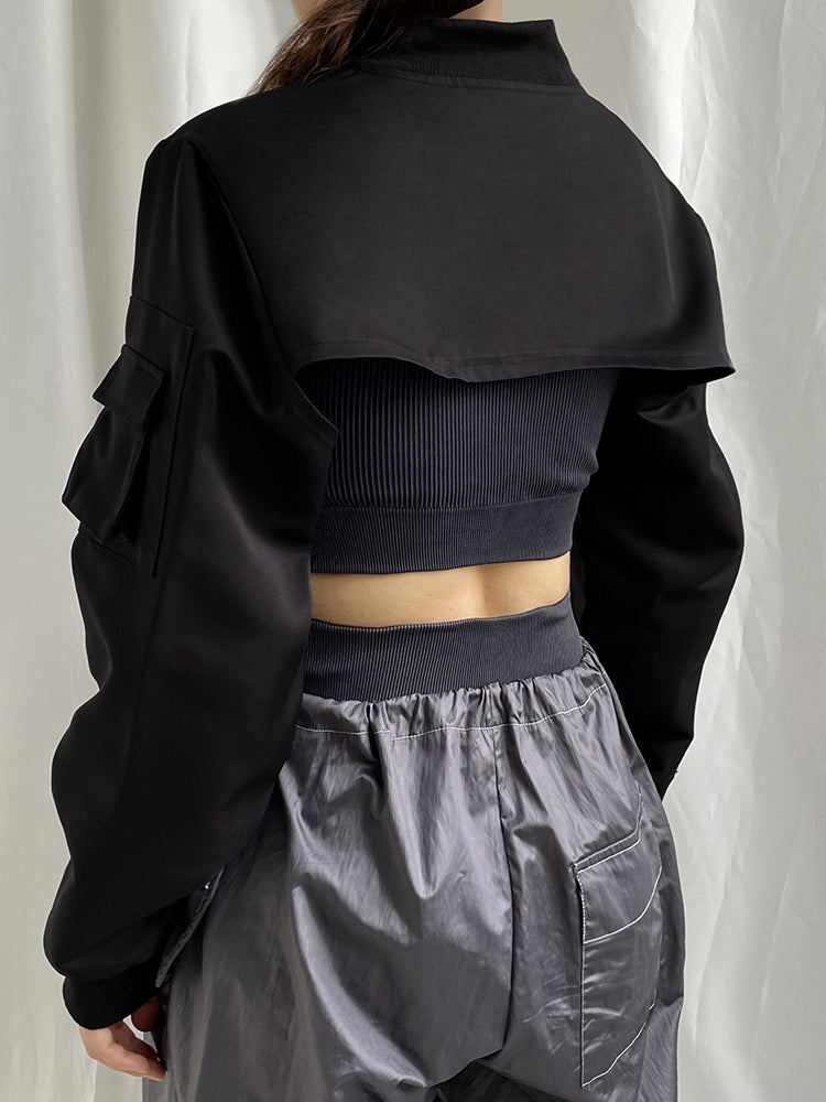 Aiertu - summer inspo Zip Up Stand Collar Long Sleeve Black Cropped Jackets Women Pocket Safari Style Streetwear Aiertu