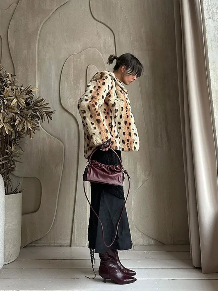 Aiertu  -  Women Fashion Leopard Print Faux Fur Warm Coat Chic Lapel Long Sleeves Single Breasted Casual Jacket Autumn Winter Lady Outwear Aiertu