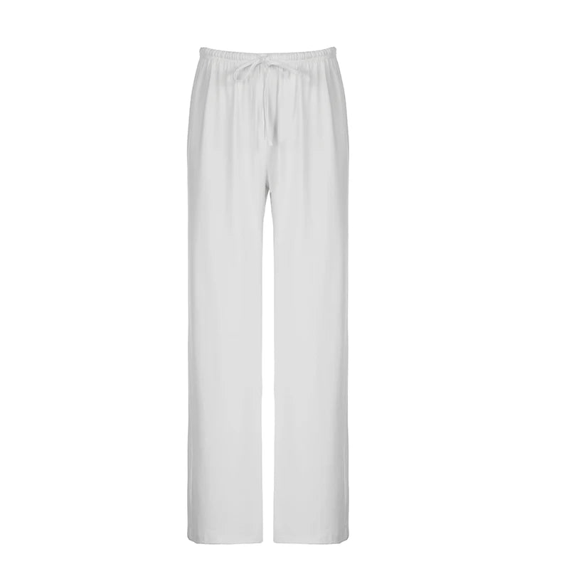 Aiertu  Casual Loose White Straight Leg Women Pants Homewear Sweatpants Shirring Basic All-Match Full Length Trousers Bottoms Aiertu
