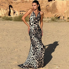 Aiertu  -  Leopard Dress Sexy Backless Dress Fashion Holiday Outfits Summer Maxi Dress Open Back Long One-piece Dress Gown Party Dresses Aiertu