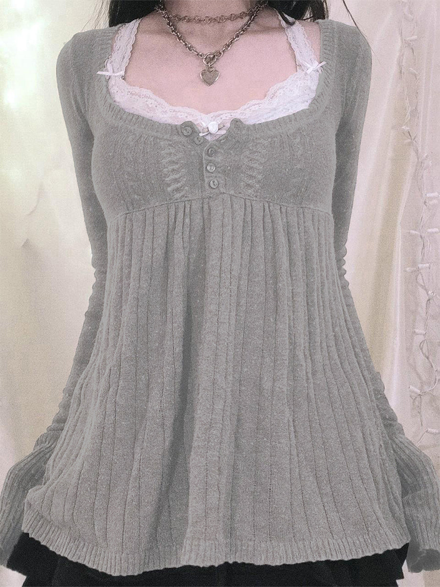 Aiertu  -  Women Vintage Solid Sweater Top Long Sleeve Button Front Knitted Babydoll Top 00S Retro Y2K Fairy Grunge Aesthetic Knitwear Aiertu