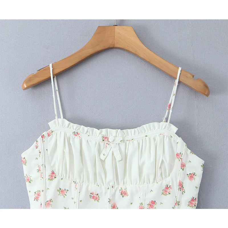 Aiertu  -  Sweet Girl French Style Floral Print Camis Chic Slim Holiday Summer Crop Top Streetwear Aiertu