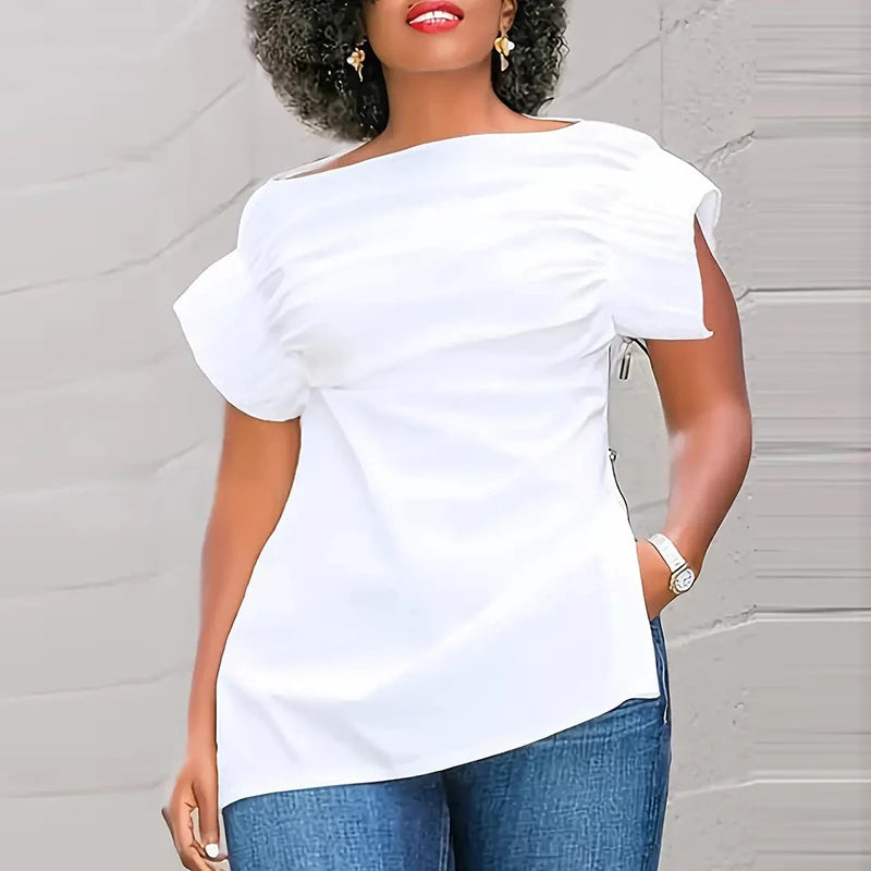 Aiertu  -  Spring Sexy Side Split Zip Hollow Blouse Women Casual Slash Neck Draped Top Pullover Summer Short Sleeve Solid Streetwear Shirts Aiertu