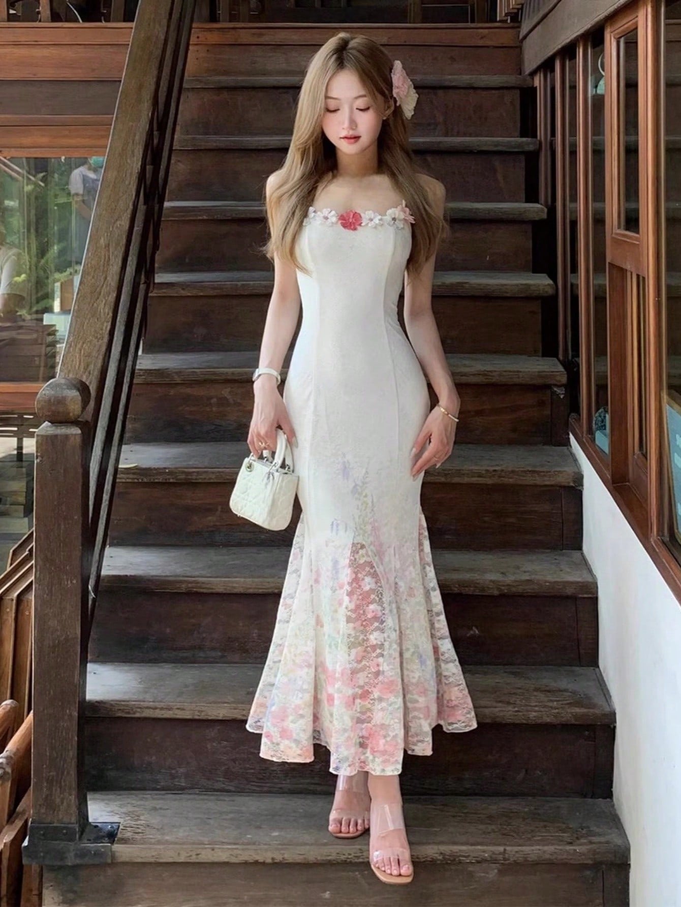 Aiertu  Women Elegant Floral Printed Lace Spliced Spaghetti Strap Mermaid Dress Chic Wedding Guest Evening Praty Dress Vacation Clothes Aiertu