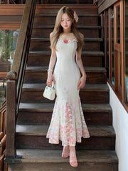 Aiertu  Women Elegant Floral Printed Lace Spliced Spaghetti Strap Mermaid Dress Chic Wedding Guest Evening Praty Dress Vacation Clothes Aiertu