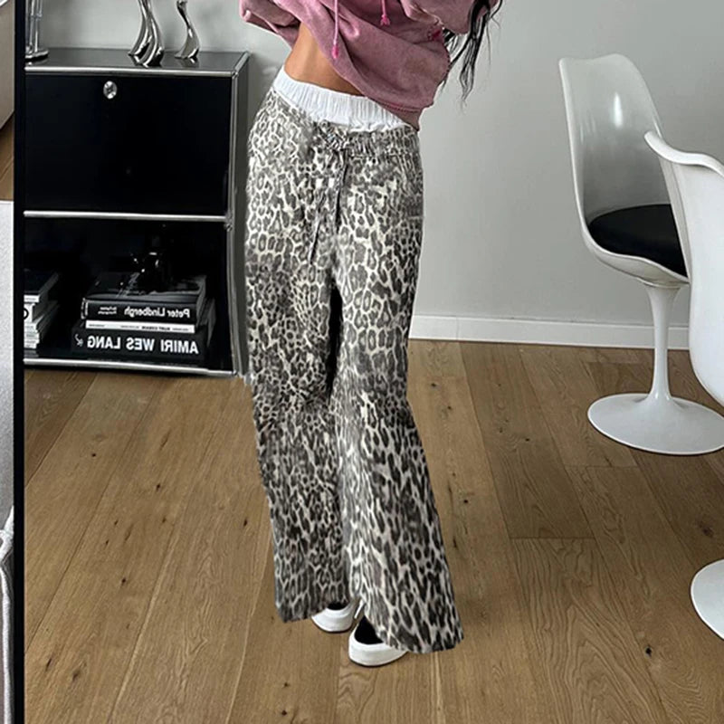 Aiertu  -  Leopard Print Fashion Wide Leg Pants Y2K Vintage High Street Hip Hop Straight Trousers Grunge Style Lady Joggers Fall Aiertu