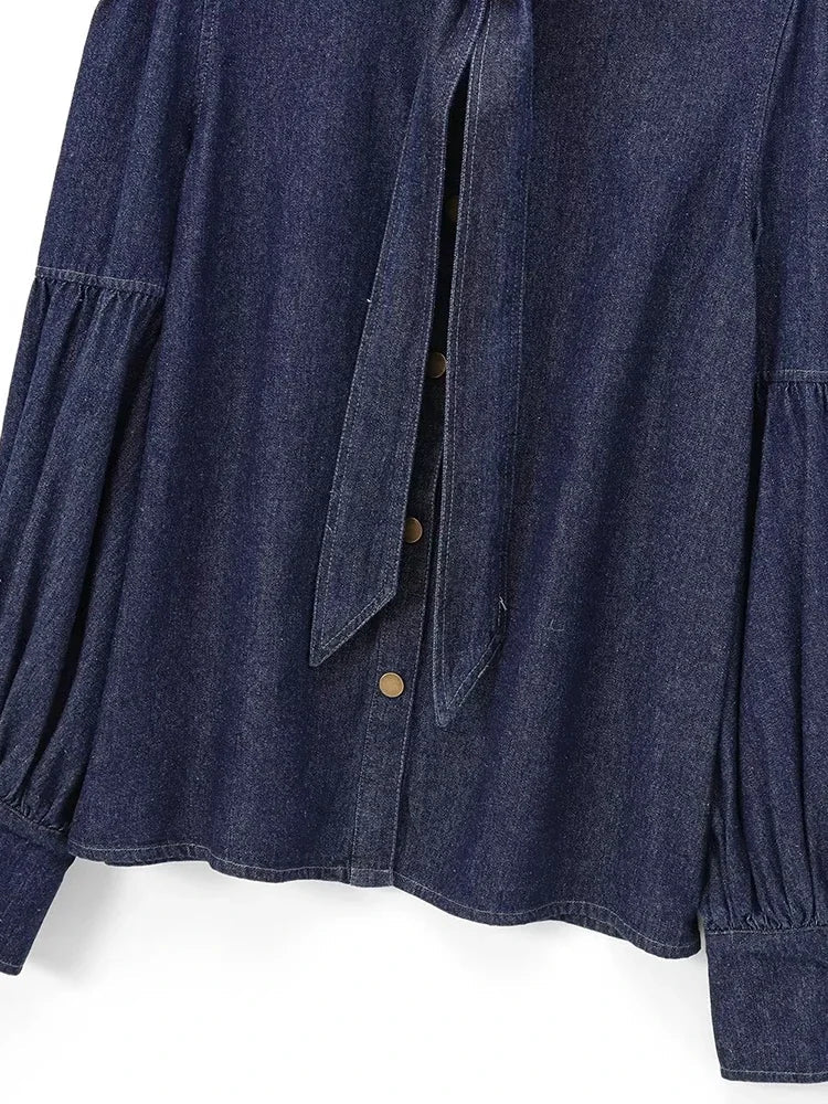 Aiertu  Women Fashion Denim Blue Single Breasted Jackets Shirts Vintage Bow Neck Long Sleeves Female Chic Lady Outfits Aiertu