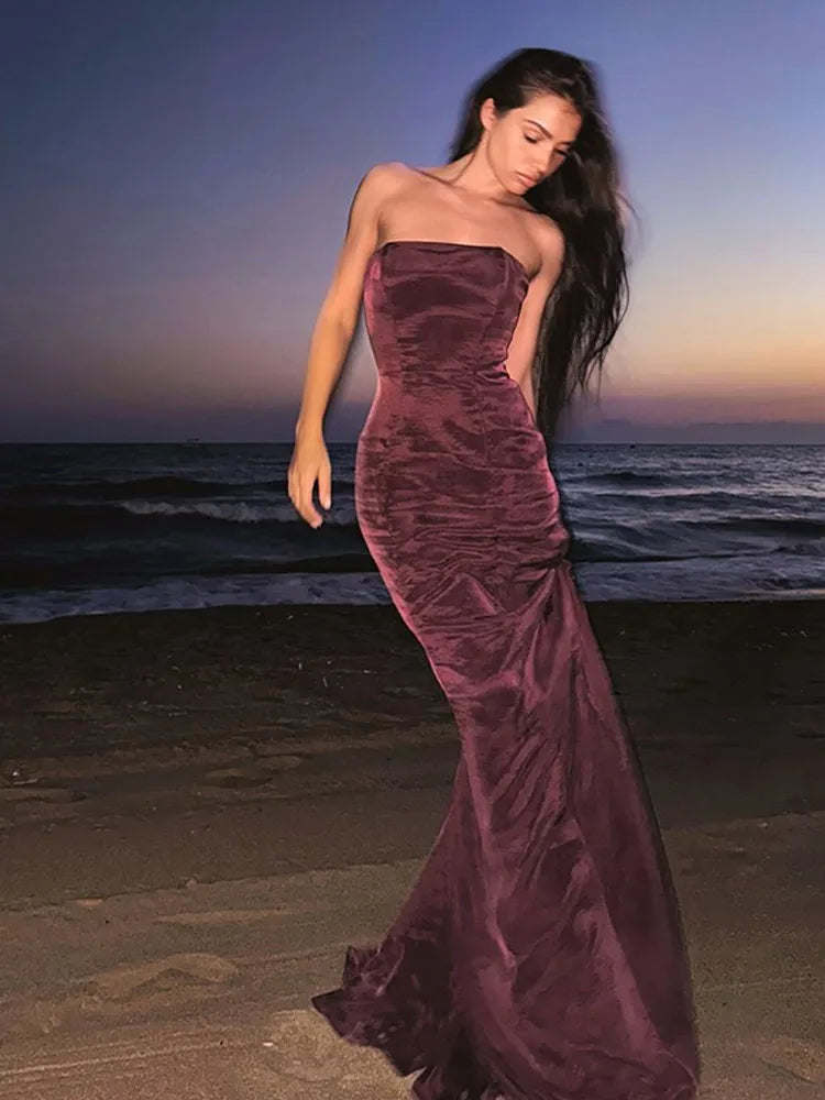 Aiertu  -  Red Wine Valet Strapless Mermaid Maxi Dress For Women Sexy Strapless Backless Wrap Waist Robe Elegant Club Party Vestidos 2026 Aiertu