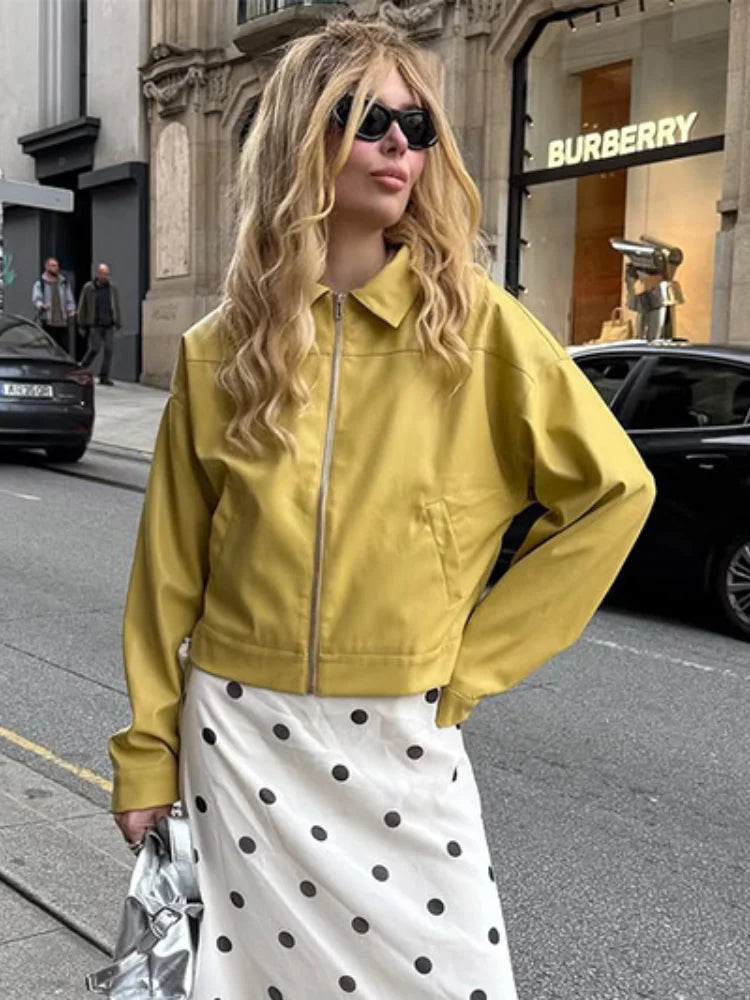 Aiertu  -  Zipper Lapel PU Leather Jacket Coat Vintage Pocket Cargo Jackets Baggy Women Short Outwear Top Lemon Yellow Overcoat Streetwear Aiertu