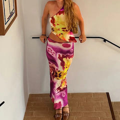 Aiertu  -  Floral Print Two Piece Summer Set One Shoulder Crop Top and Long Skirt Matching Vacation Sets Woman P84-EC39 Aiertu