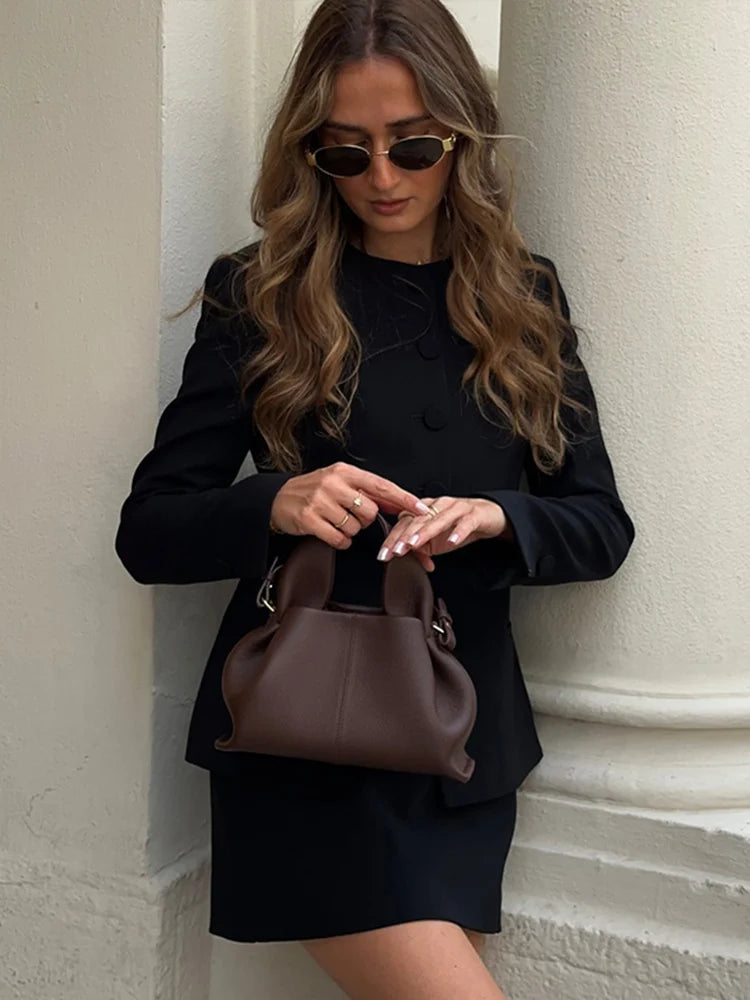 Aiertu  -  Five Button Suit Jacket Coat Short Skirt Set Round Neck Commuting Slim Fit Elegant Outwear Women Overcoat Skirts Formal Attire Aiertu