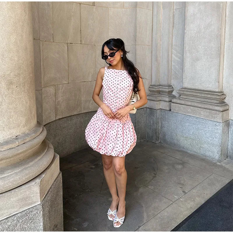 Aiertu  -  Women's Pink Polka Dot Summer Dress 2026 Fashion Puff Hem High Waist Gowns Chic Streetwear Lady Vestidos With Boat Neck Buttons Aiertu