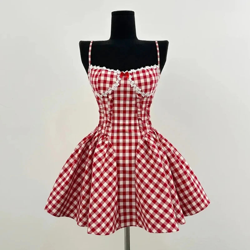 Aiertu  -  Japanese Lolita Party Mini Plaid Dress Women 2000s Vintage Evening Short Dress Office Lady Frocks Japanese Fairy Kawaii Clothing Aiertu
