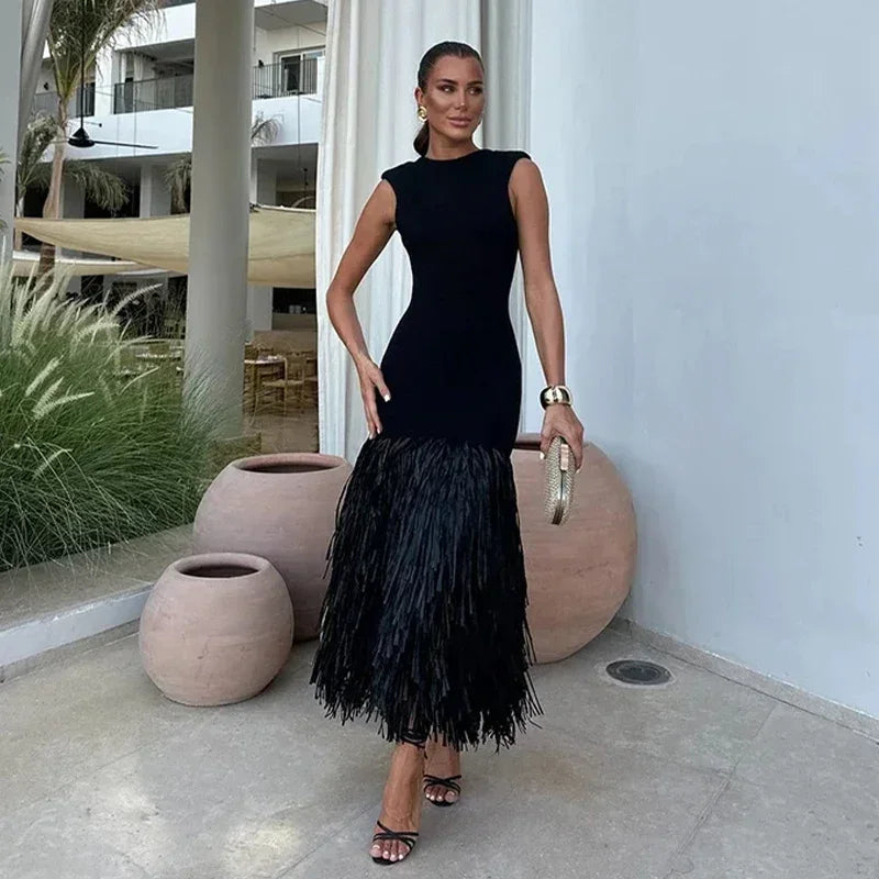 Aiertu  -  Sexy Fringed Knit Long Dresses Women Slim Sleeveless O-neck Backless Zipper Package Hip Dress Female 2026 Summer Party Lady Robe Aiertu