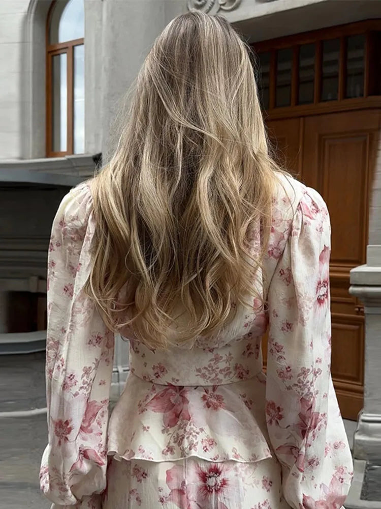 Aiertu  -  Lace Print Shirt Top Half Skirt Two Piece Set Flared Sleeve V-Neck Ruffled Waist Cinched Women Blouse High Waist Long Skirts New Aiertu