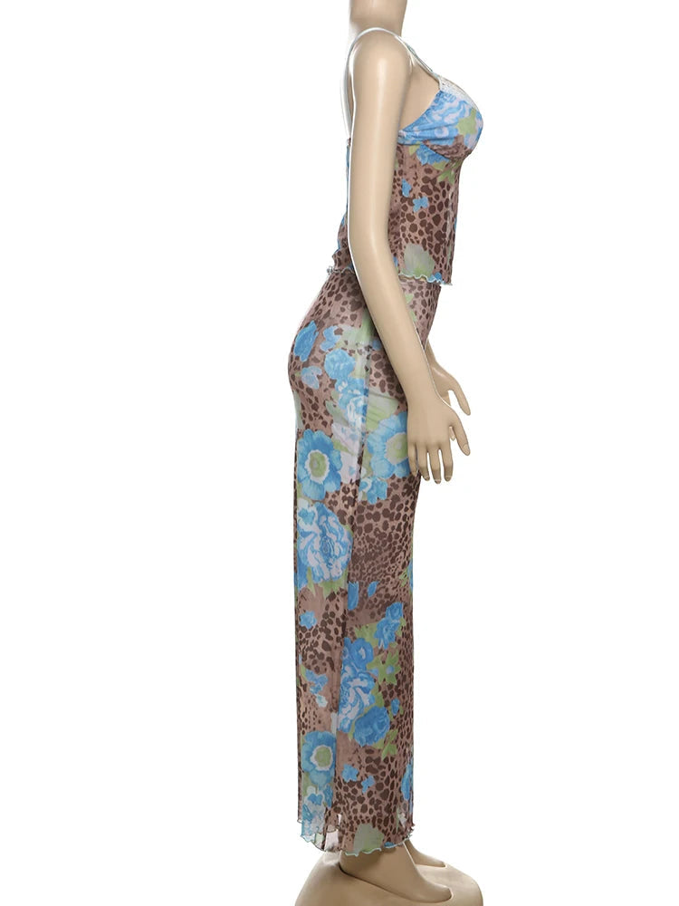 Aiertu  -  Lace Leopard Splice Women 2 Piece Set Hipster Print Summer Vacation Matching Outfits New Low Neck Camisoles+Maxi Skirts Aiertu
