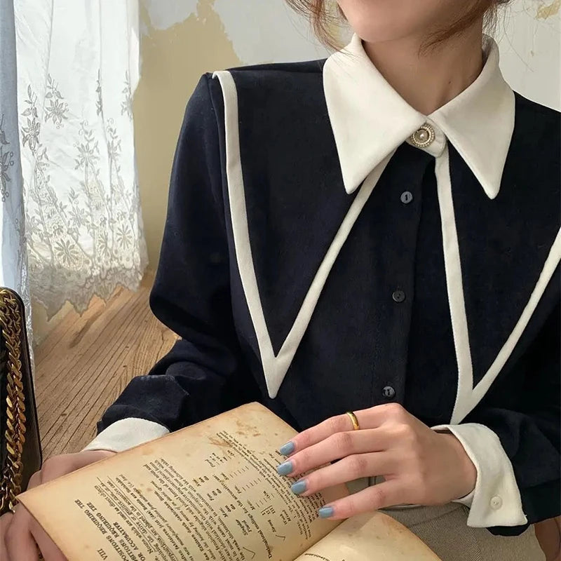 Aiertu Vintage Elegant Shirts Women Chiffon Patchwork Ruffle Turn Down Collar Long Sleeve Blouse Korean Office Lady Loose Tops Aiertu