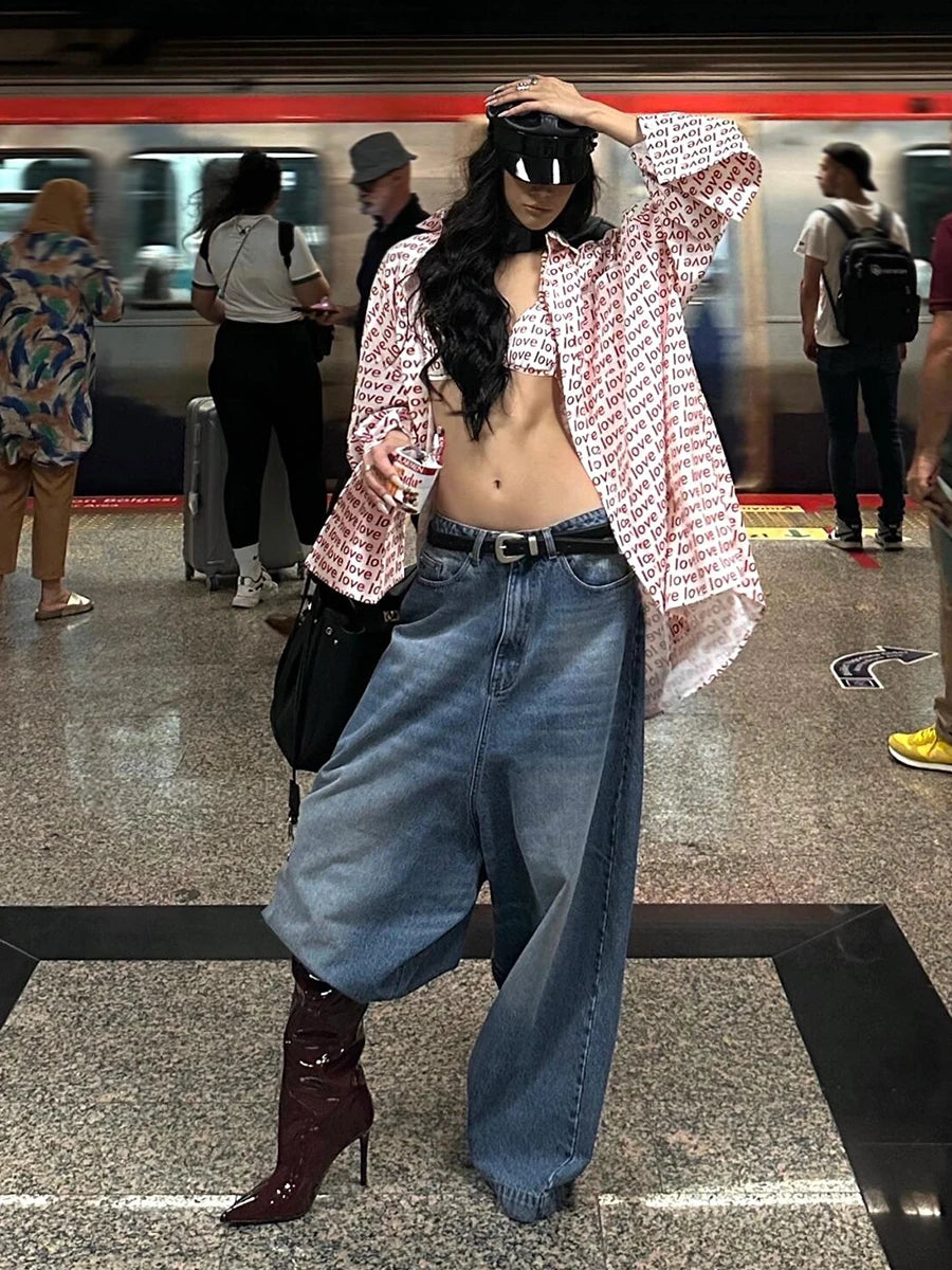 Aiertu  -  90s Skater Women Whiskers Horseshoe Jeans Do Old Casual Solid Barrel Wide Leg Baggy Denim Pants Hiphop Retro Clothes Aiertu