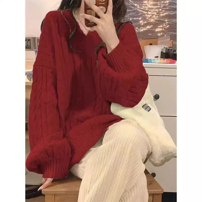 Aiertu  -  Retro V-neck Twist Knitted Pullover Oversized Sweater Women Winter New Fashion Street Loose Thickened Casual Simple Sweater Aiertu