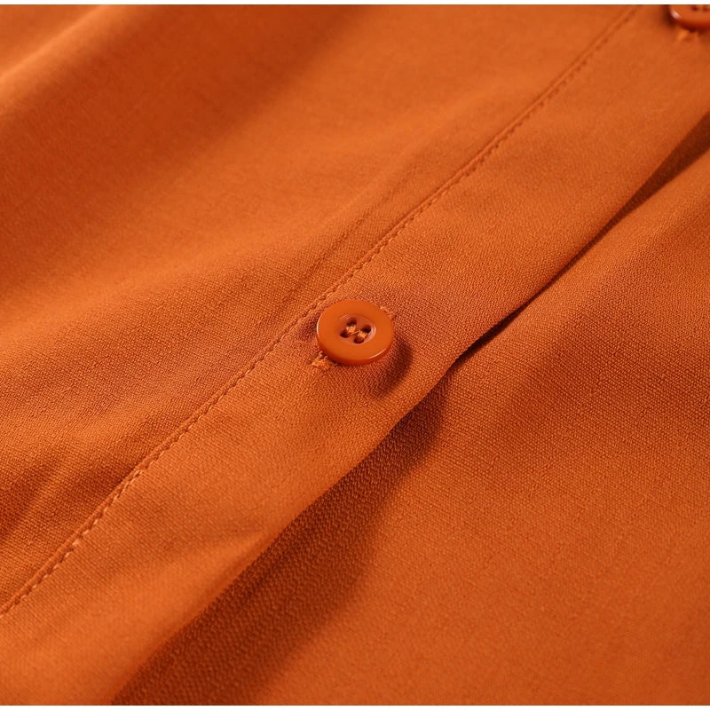Aiertu  -  Elegant Orange Long Pants Sets For Women Casual Single Breasted Lapel Loose Shirts Wide Leg Straight Trousers Lady 2 Pieces Suit Aiertu