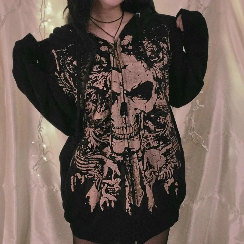 Aiertu  -  Euramerican High Street Lazy Loose Sweatshirts Y2k Aesthetic Skull Punk Print American Vintage Clothing Zip Up Gothic Hoodies Aiertu