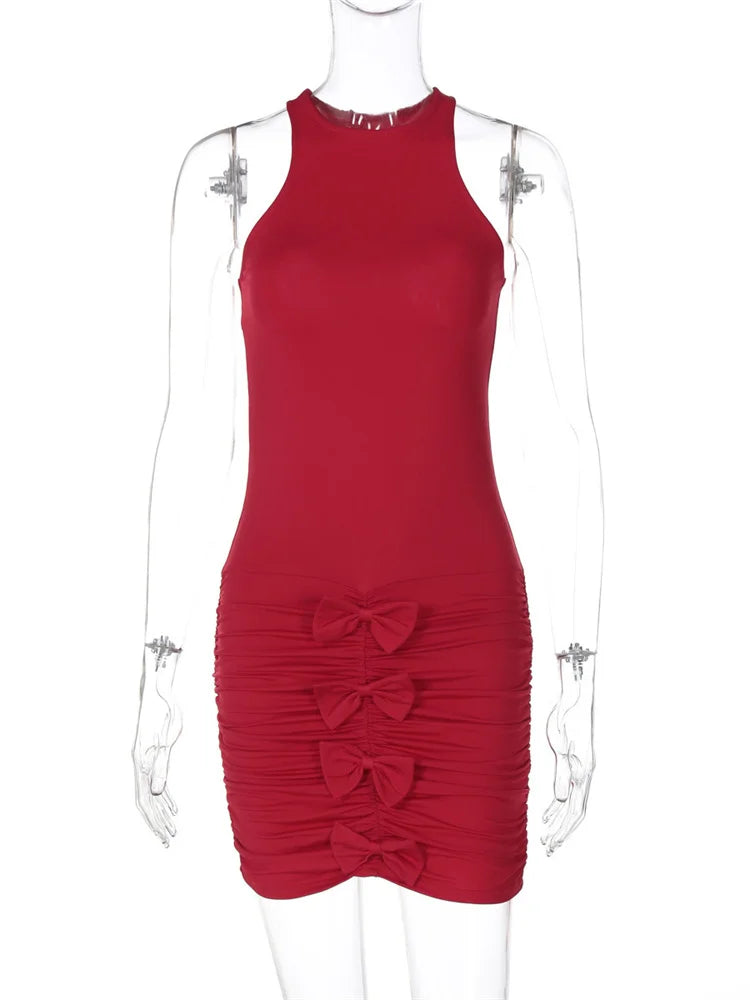 Aiertu  -  Fashion Tee Bow Sleeveless Mini Dress Women's Pleated Sexy Bandage Patchwork Party Dress Summer 2025 Female Mini Dress New Aiertu