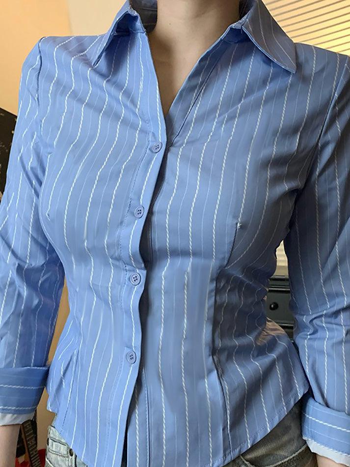 Aiertu  -Blue Striped Collared Long Sleeve Shirt aiertu