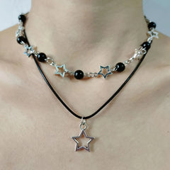 Aiertu Fashion Double Layered Black Bead Star Choker Necklace Punk Pentagram Leather Rope Necklaces For Women Girls Aiertu
