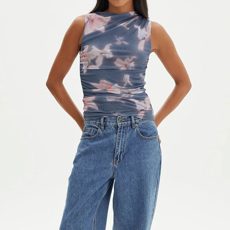 Aiertu  -  New O Neck Elegant Simple Chic Blouses, Women Summer Sleeveless Fashion Sweet Tops, 2025 Printing Holiday Pullover Ladies Shirts Aiertu
