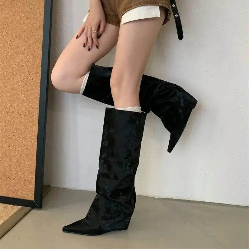 Aiertu    -  Black Wedges Long Boots Ladies Pointed Toe Chunky Shoe Fall Fashion Boots Designer Trousers wedges shoe woman Botas Altas Aiertu