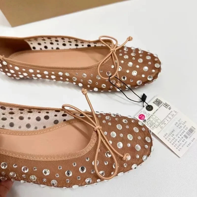 Aiertu  -  Luxury Rhinestones Women Shoes Spring Shallow Breathable Mesh Round Toe Bling Bowtie Elegant Ballet Flats for Female Aiertu