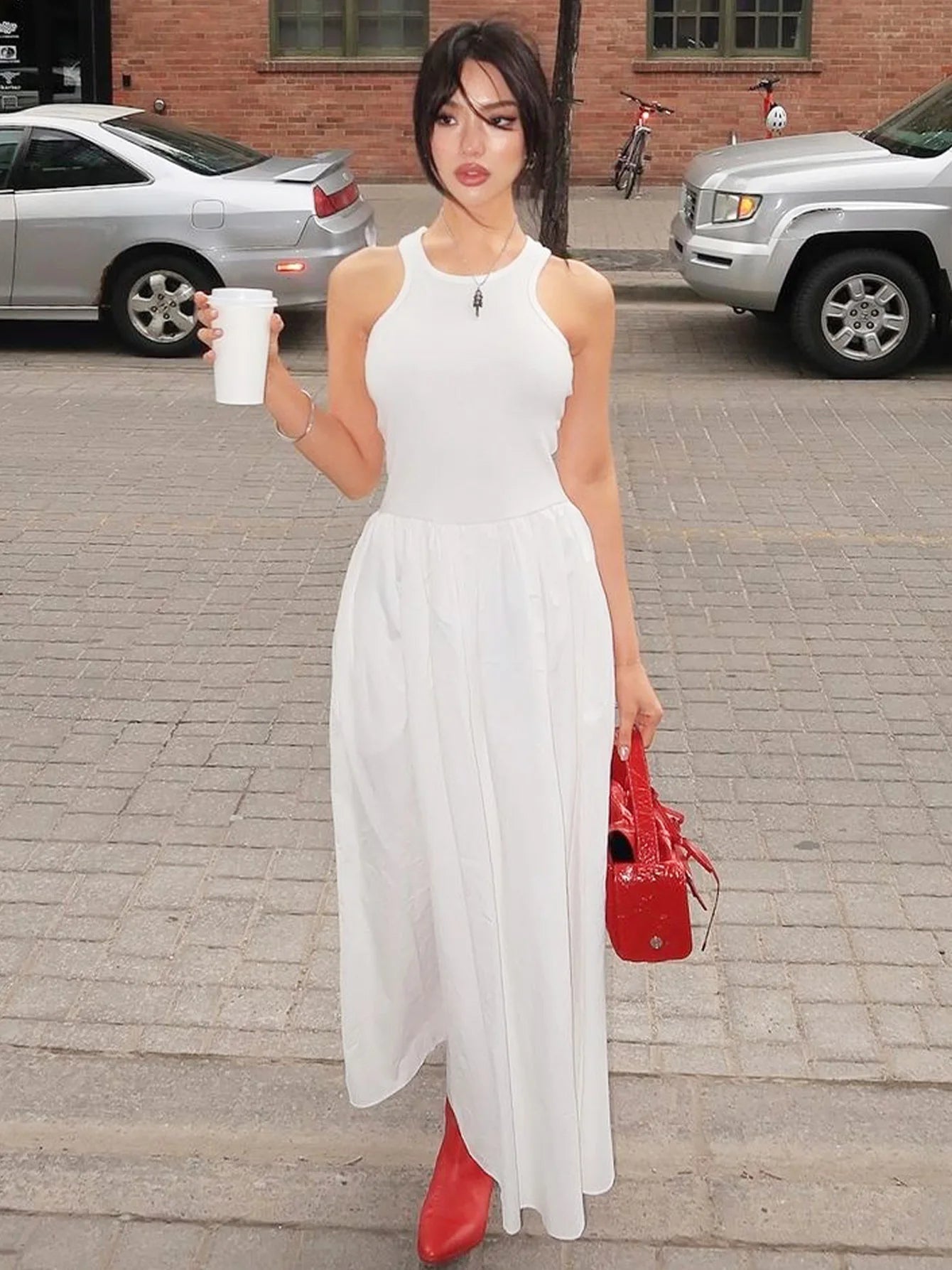 Aiertu  -  Fashion O-neck Sleeveless Long Tank Dresses for Women White 2026 Summer Casual Office Lady High Waist A-line Black Holiday Dress Aiertu