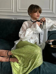 Aiertu  -  Sexy See-Through White Shirt Female Lace Up Ruffled Collar Long Sleeve Blouse 2026 Autumn Fashion Elegant Women's Shirt Aiertu