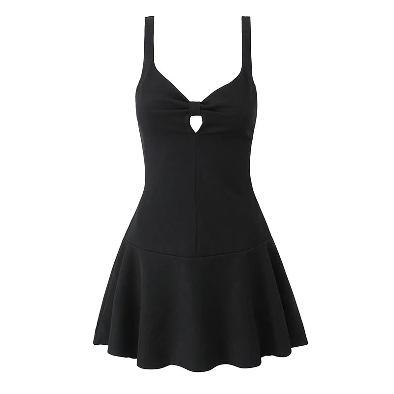 Aiertu  -  2025 Women Sexy Elegant Spaghetti Straps Slim Dress Bow V Neck A-line Mini Dresses Party Robe Black Beige Aiertu