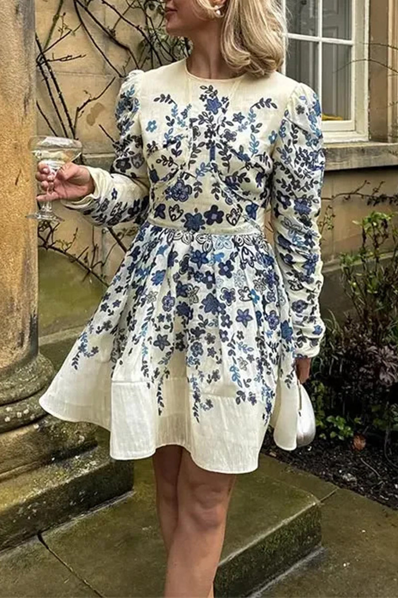 Aiertu  -  Elegant Print Leaves Patchwork O Neck A Line Dresses Aiertu