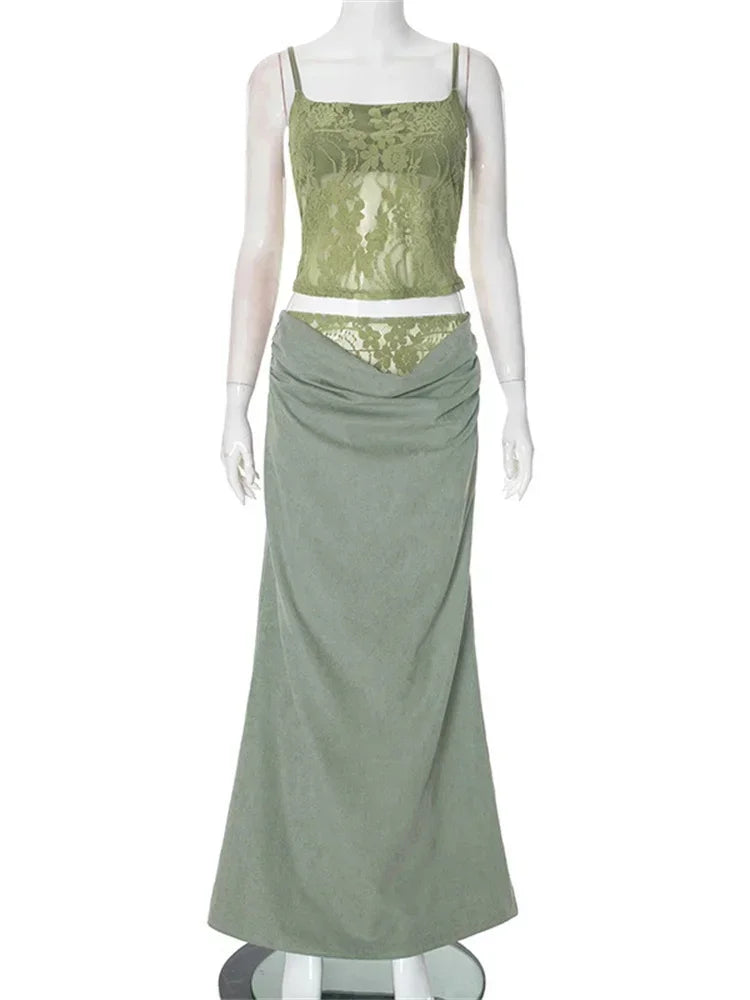 Aiertu  -  Fashion Printed 2 Piece-Set Long Skirt For Women Spaghetti Backless Vest Pullover And High Waist Maxi Skirt Sets Clothes Aiertu