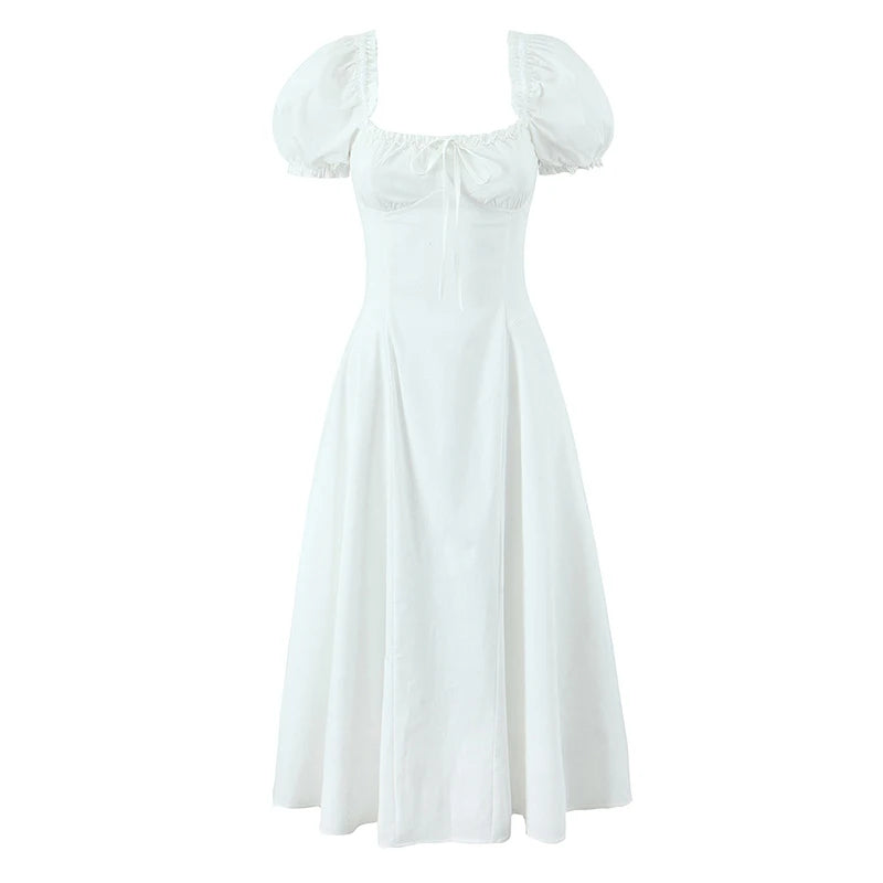 Aiertu  -  Sexy Off Shoulder Blue White Elegant Dress For Women Short Sleeve Lace Up Back A-line Midi Party Dresses Summer Robe Aiertu