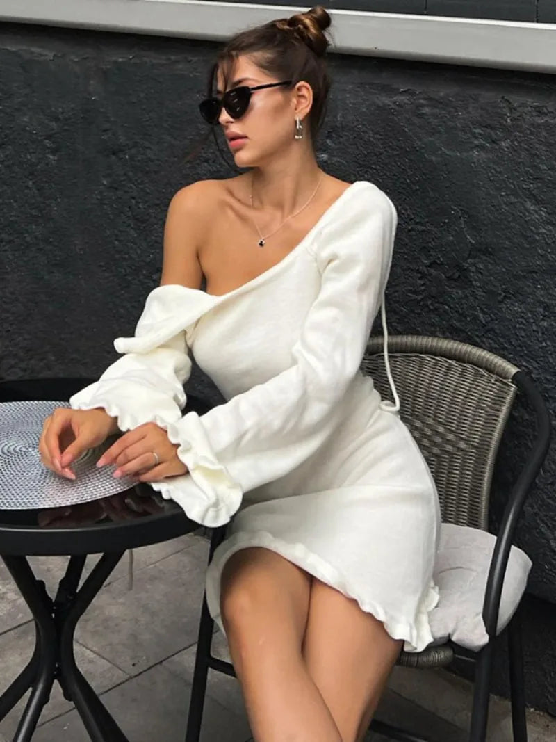 Aiertu  -  Fashion Casual Lace-up Backless Long Sleeve Sweater Dress Women's Autumn Hollow Out Knitting Short Holiday Party White Dresses Aiertu